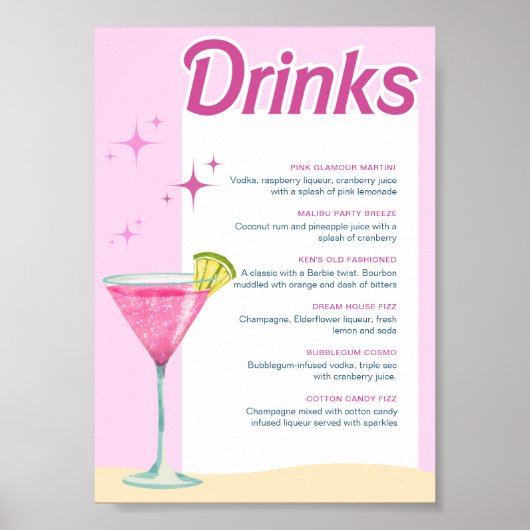 Roze Party Bachelorette Cocktail Menu Poster (Voorkant)
