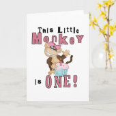 Roze Party Monkey 1e Verjaardag Tshirts en geschen Kaart (Gele Bloem)