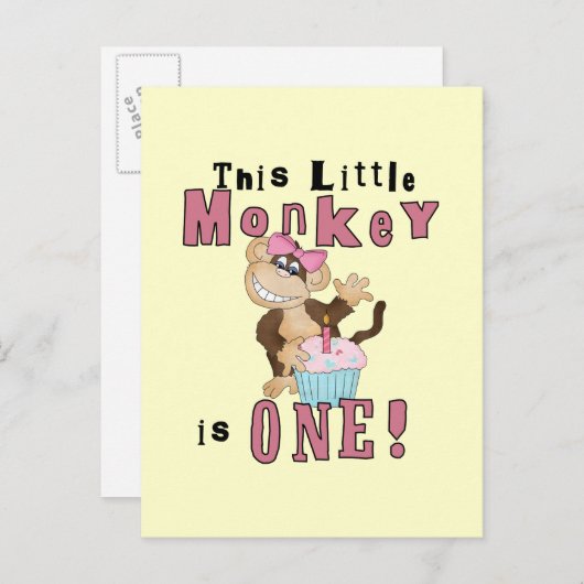 Roze Party Monkey 1e Verjaardag Tshirts en geschen Uitnodiging Briefkaart (Voorkant / Achterkant)