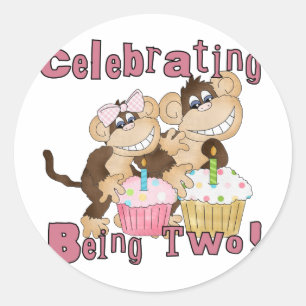 Roze Party Monkey 2e Verjaardag Tshirts en geschen Ronde Sticker