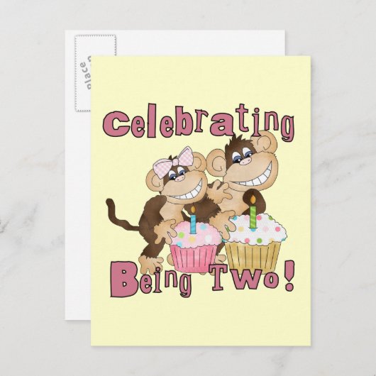 Roze Party Monkey 2e Verjaardag Tshirts en geschen Uitnodiging Briefkaart (Voorkant / Achterkant)