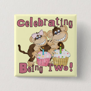 Roze Party Monkey 2e Verjaardag Tshirts en geschen Vierkante Button 5,1 Cm