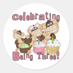 Roze Party Monkey 3e Verjaardag Tshirts en geschen Ronde Sticker