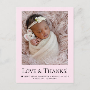 Roze pasgeboren meisje Foto Liefde & Dank Geboorte Briefkaart