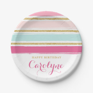 Roze pasta Waterverf Stripes met Gold Glitter Papieren Bordje