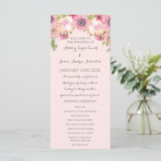 Roze Pastel Blush Bloemen Trouwprogramma Programma (Staand voorkant)