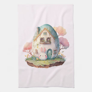 Roze Pastel Bunny & Ei House Schattig Theedoek