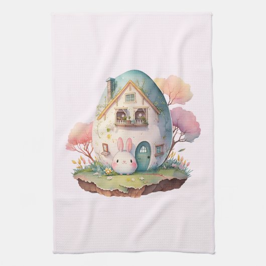 Roze Pastel Bunny & Ei House Schattig Theedoek (Verticaal)