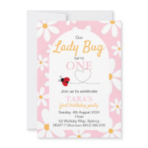Roze Pastel Daisy Lady Bug Verjaardag uitnodiging