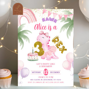Roze Pastel Dinosaur 3-rex Rawr verjaardagsuitnodi Kaart