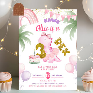 Roze Pastel Dinosaur 3-rex Rawr verjaardagsuitnodi Kaart