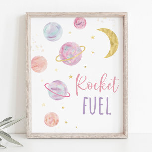 Roze Pastel Galaxy Space Raket Brandstof Verjaarda Poster