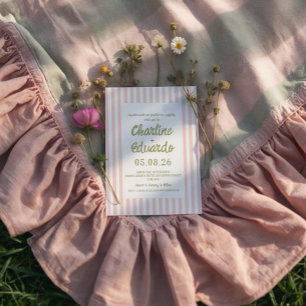 Roze pastel gestreepte grillige bruiloft uitnodigi kaart