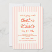 Roze pastel gestreepte grillige bruiloft uitnodigi kaart (Voorkant)