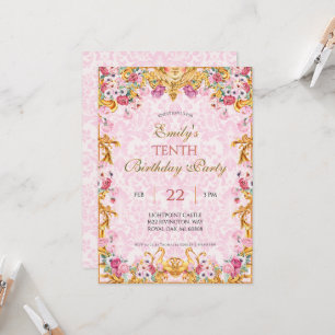 Roze Pastel Goud Tiende Barok Rococo Verjaardag Kaart