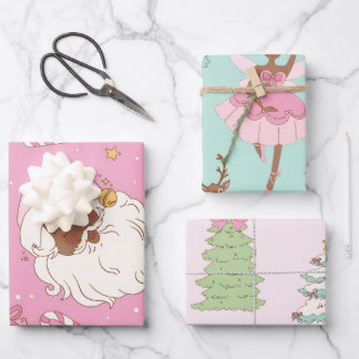 Roze Pastel Kerstmis Zwarte Kerstman & Ballerina Inpakpapier Vel
