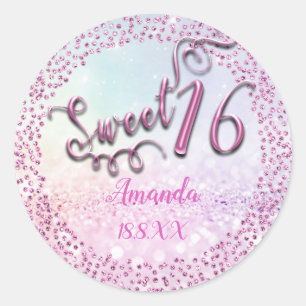 Roze pastel ombre Sweet 16th Round Glitter Sparky Ronde Sticker