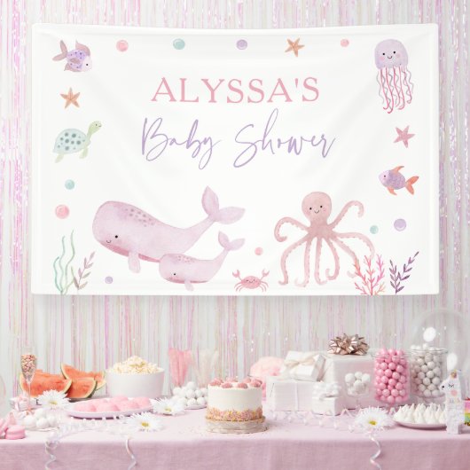 Roze Pastel Onder het Zeeen Baby shower Spandoek (Feest)