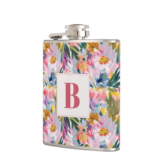 Roze Pastel Roze Abstract Bloemend Bruiloftsmonogr Heupfles (Links)