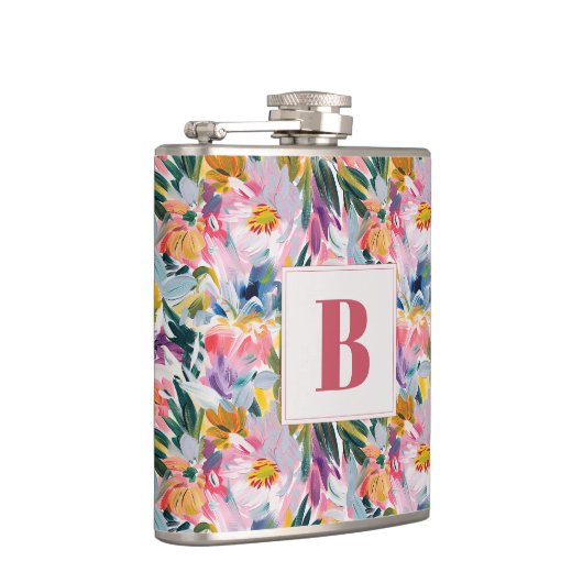 Roze Pastel Roze Abstract Bloemend Bruiloftsmonogr Heupfles (Rechts)