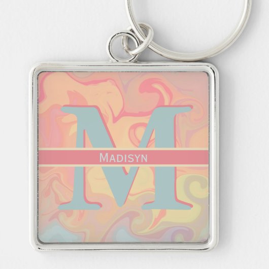 Roze Pastel Swirl Monogram Initiaal Naam Sleutelhanger (Voorkant)