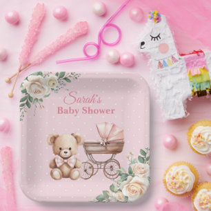 Roze Pastel Teddybeer Baby Shower Papieren Bord
