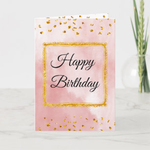 Roze pastel verjaardagskaart met gouden lijst en b kaart
