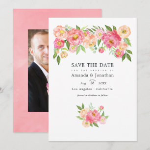 Roze Pastel Waterverf Pioenrozen Trouwfoto Save The Date