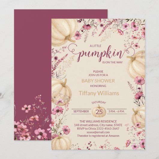 Roze Pastel Waterverf Pompoen herfst wilde bloemen Kaart (Voorkant / Achterkant)