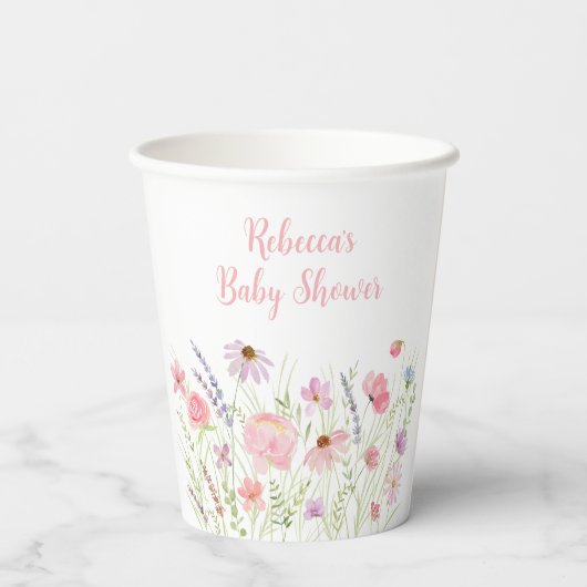 Roze Pastel Wildflower Baby shower Papieren Bekers (Achterkant)