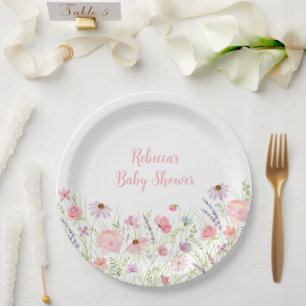 Roze Pastel Wildflower Baby shower Papieren Bordje