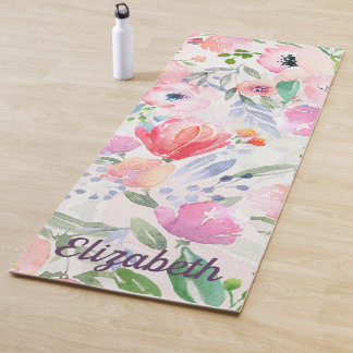 Roze pastelbloemen, waterkleurig met naam yogamat