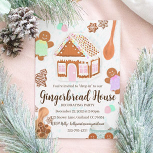 Roze Pastelkleurige Gemberkoekhuis Feest Uitnodigi Kaart