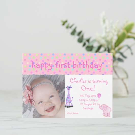 roze pastelspot zoo - verjaardag uitnodiging (Staand voorkant)