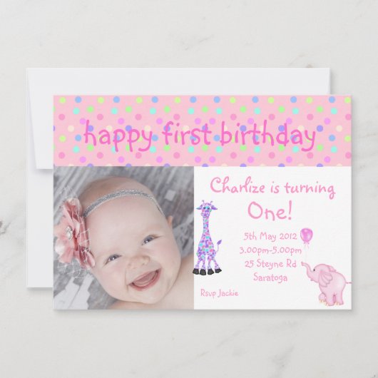 roze pastelspot zoo - verjaardag uitnodiging (Voorkant)