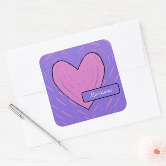Roze Patchwork Hart Vierkante Sticker (Envelop)