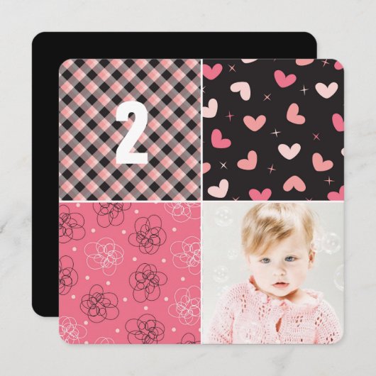 Roze Patchwork Pattern Squares Girl Foto van Birth Kaart (Voorkant / Achterkant)