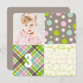 Roze Patchwork Pattern Squares Girl Foto van Birth Kaart (Voorkant / Achterkant)