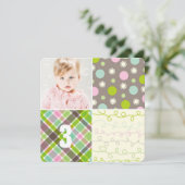 Roze Patchwork Pattern Squares Girl Foto van Birth Kaart (Staand voorkant)