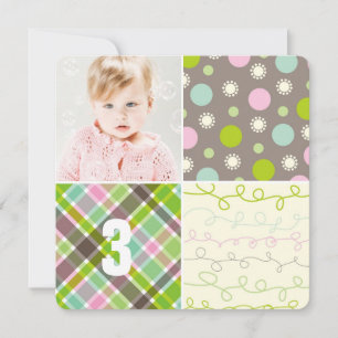Roze Patchwork Pattern Squares Girl Foto van Birth Kaart
