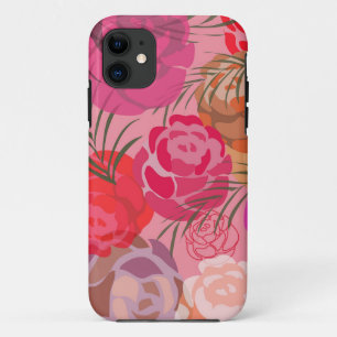 Roze patroon met bloemen en planten iPhone 11 hoesje