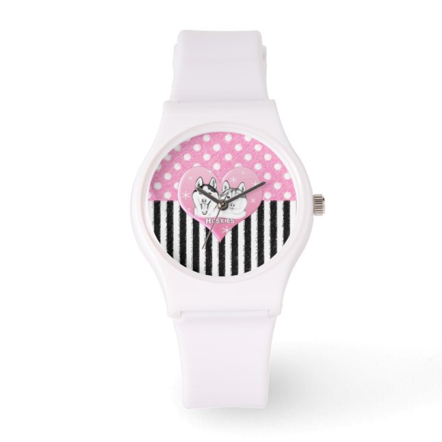Roze patroon van Cute Huskies Horloge (Voorkant)