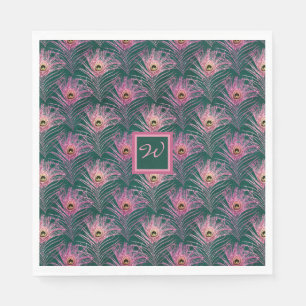 Roze Pauwveren en Monogram op Diep Groen Servet