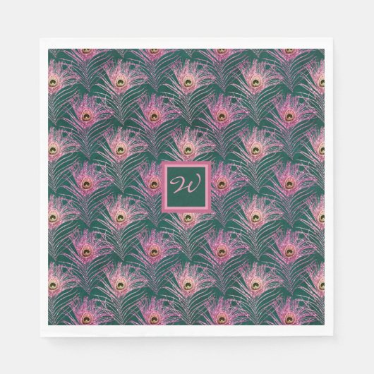 Roze Pauwveren en Monogram op Diep Groen Servet (Voorkant)
