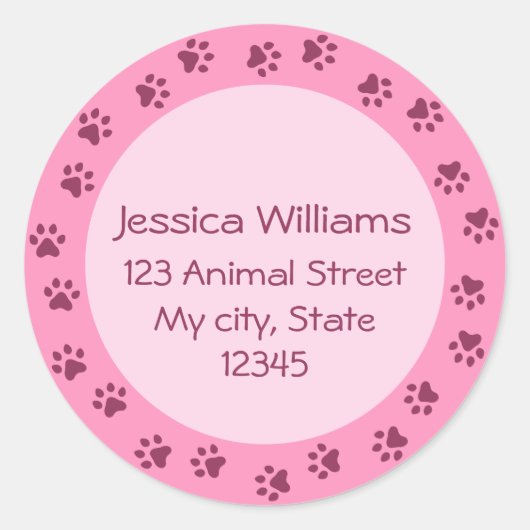 Roze pawprint cirkel adreslabel, donkerdere rand ronde sticker (Voorkant)