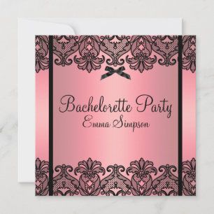 Roze peach & Black Damask Lace Bachelorette Invite Kaart