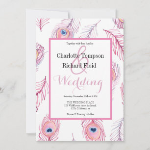 Roze Peacock Feathers Bruiloft Kaart
