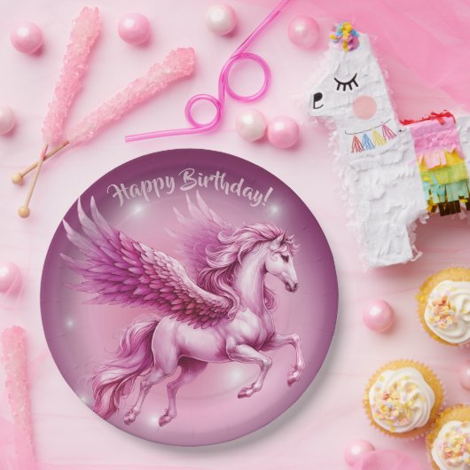 Roze Pegasus "Gelukkige Verjaardag" Papieren Bordje (Feest)