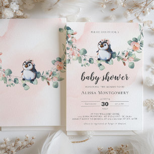 Roze Penguin Baby shower Girl Kaart