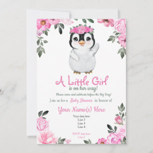 Roze Penguin Baby shower-uitnodiging, bijtend Kaart